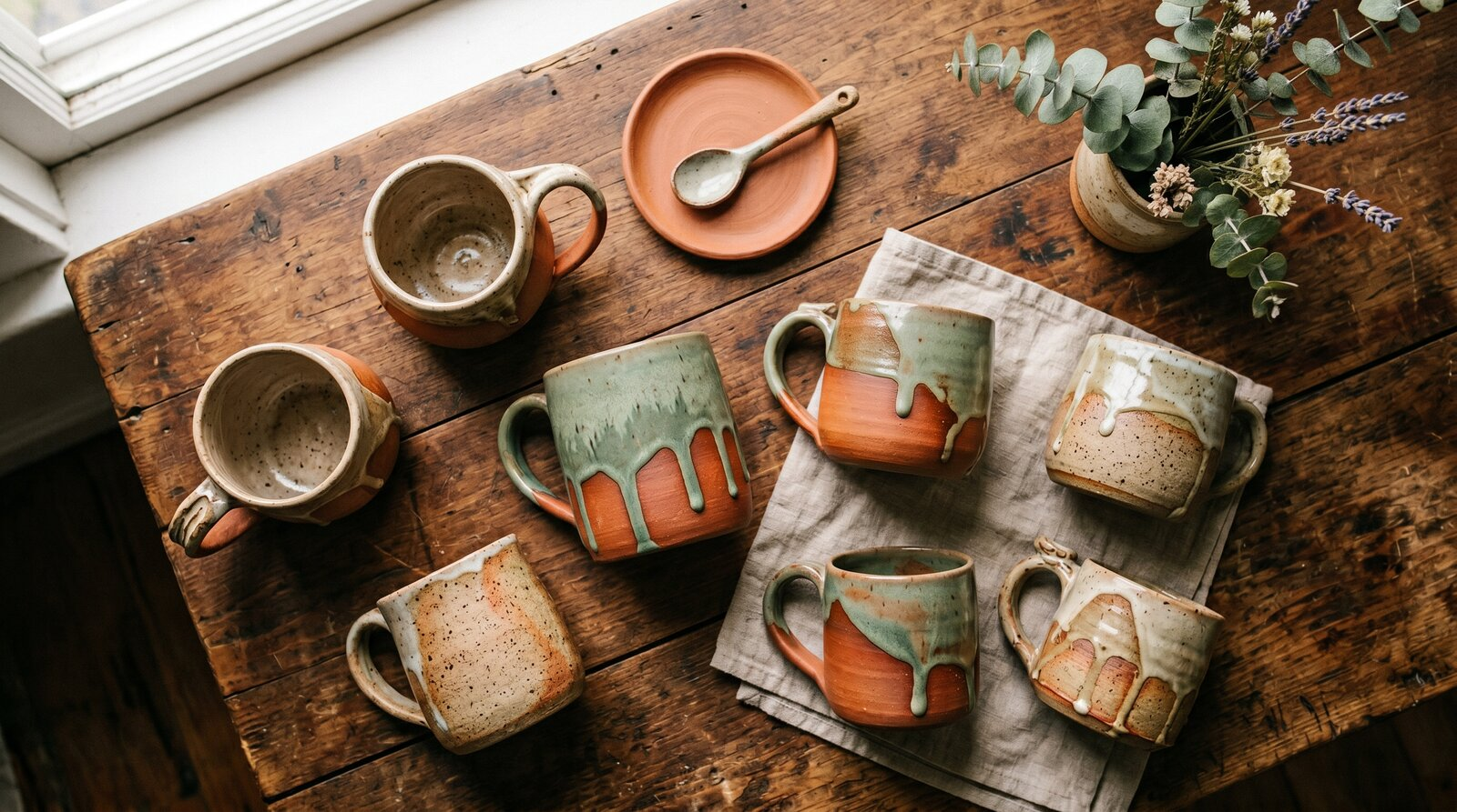 Collection of handmade ceramic mugs on a warm wood table